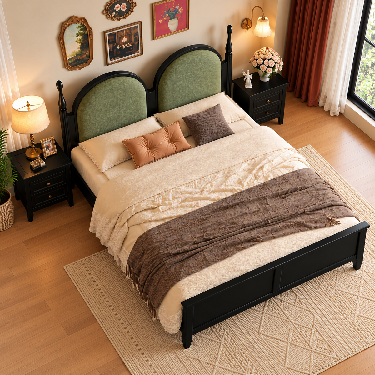 Modern Wooden King Size Bed with Double Arch Green Upholstered Headboard, Black Finish