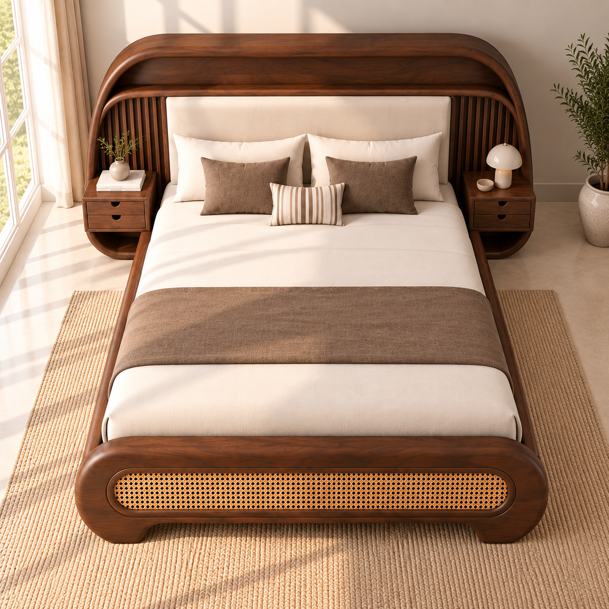 Modern Wooden King Size Bed with Upholstered Headboard, Cane Woven Footboard & Built-in Bedside Tables