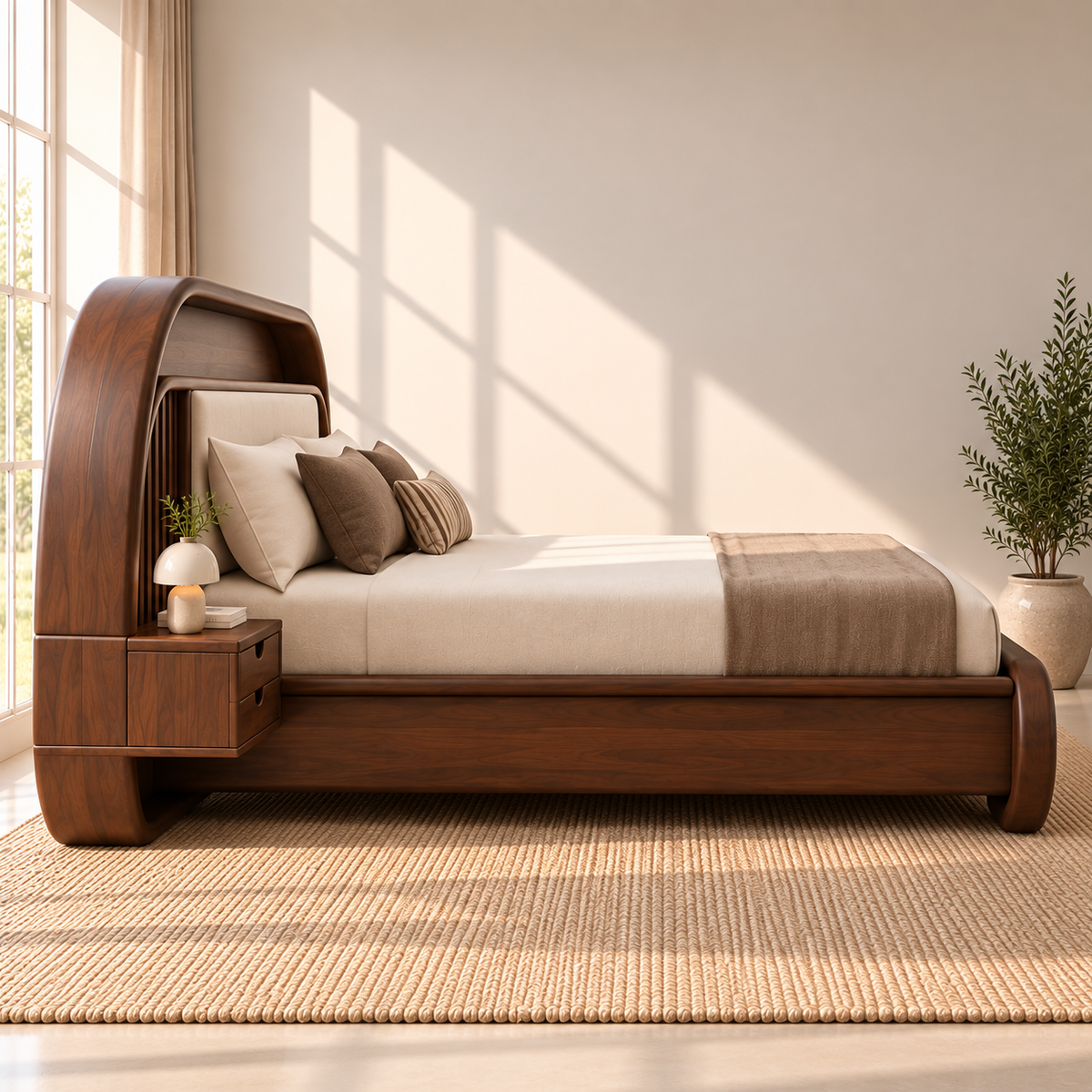 Modern Wooden King Size Bed with Upholstered Headboard, Cane Woven Footboard & Built-in Bedside Tables