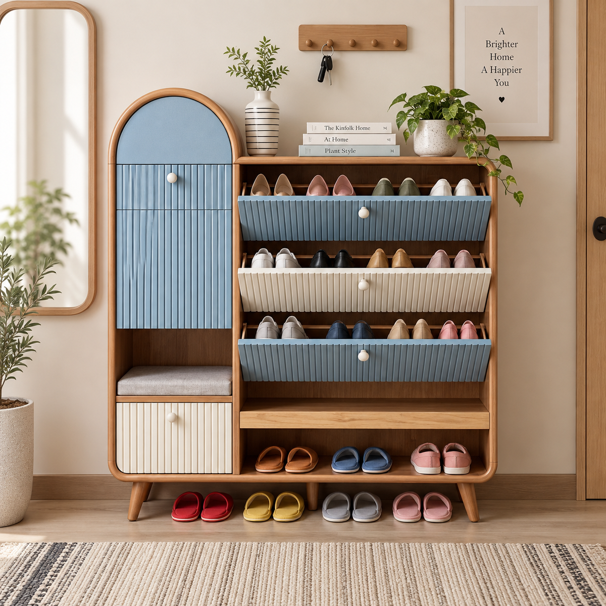 Modern Wooden Shoe Rack with Cushioned Seat Blue & Cream Ribbed Shoe Cabinet Entryway Shoe Organizer with Storage