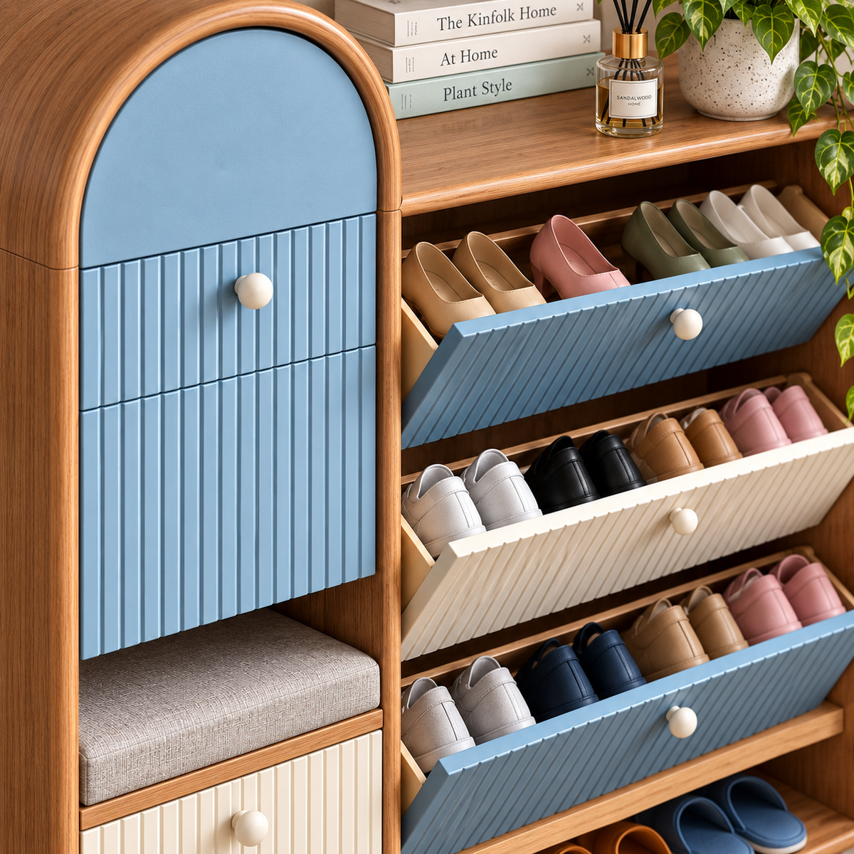 Modern Wooden Shoe Rack with Cushioned Seat Blue & Cream Ribbed Shoe Cabinet Entryway Shoe Organizer with Storage