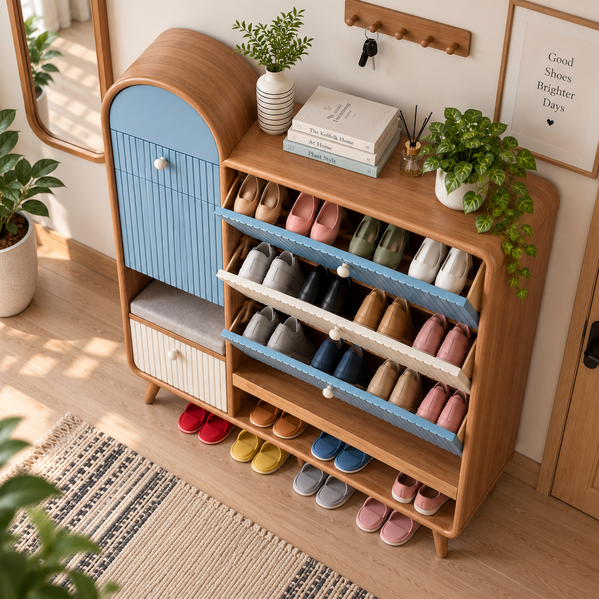 Modern Wooden Shoe Rack with Cushioned Seat Blue & Cream Ribbed Shoe Cabinet Entryway Shoe Organizer with Storage