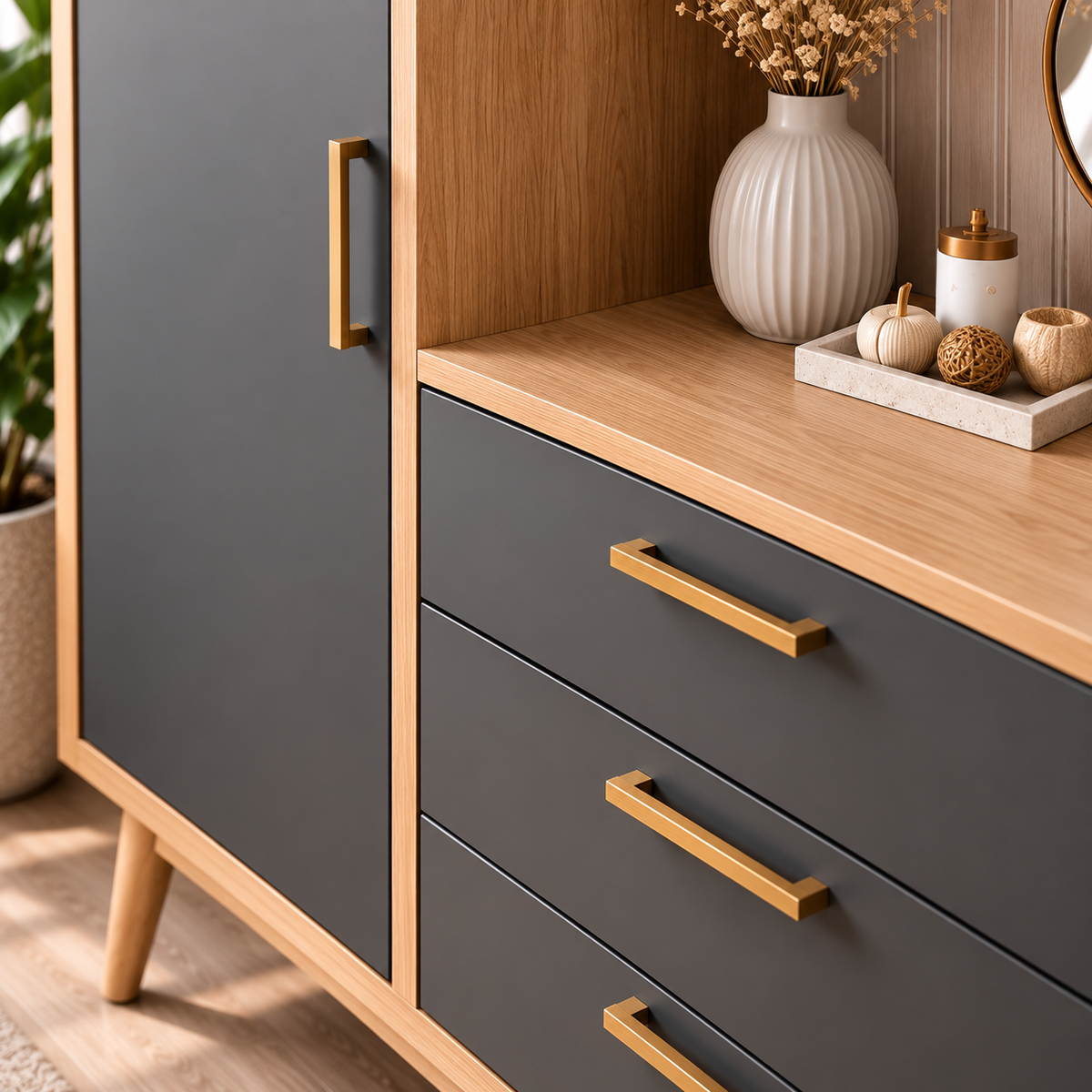 Modern Wooden Storage Cabinet with Drawers & Tall Wardrobe