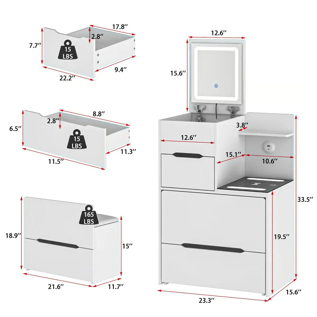 2-Drawer Flip-Top Vanity Table with LED Mirror, Wireless Charging Station & Upholstered Stool