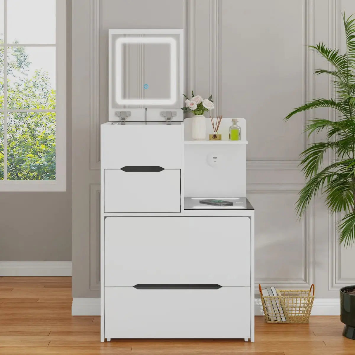 2-Drawer Flip-Top Vanity Table with LED Mirror, Wireless Charging Station & Upholstered Stool -OUCH CART |Dressing table