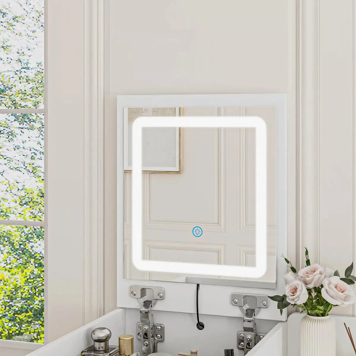 2-Drawer Flip-Top Vanity Table with LED Mirror, Wireless Charging Station & Upholstered Stool