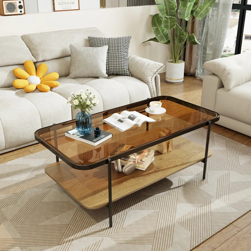 Modern 2-Tier Glass Coffee Table with Tempered Glass Top & Wooden Shelf | Stylish Center Table with Metal Legs OUCH CART
