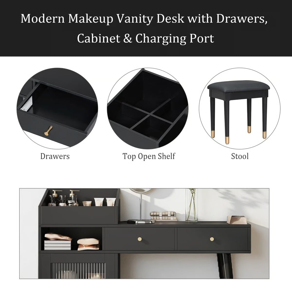 Modern Wooden Makeup Vanity Desk with Drawers – Compact Bedroom Vanity