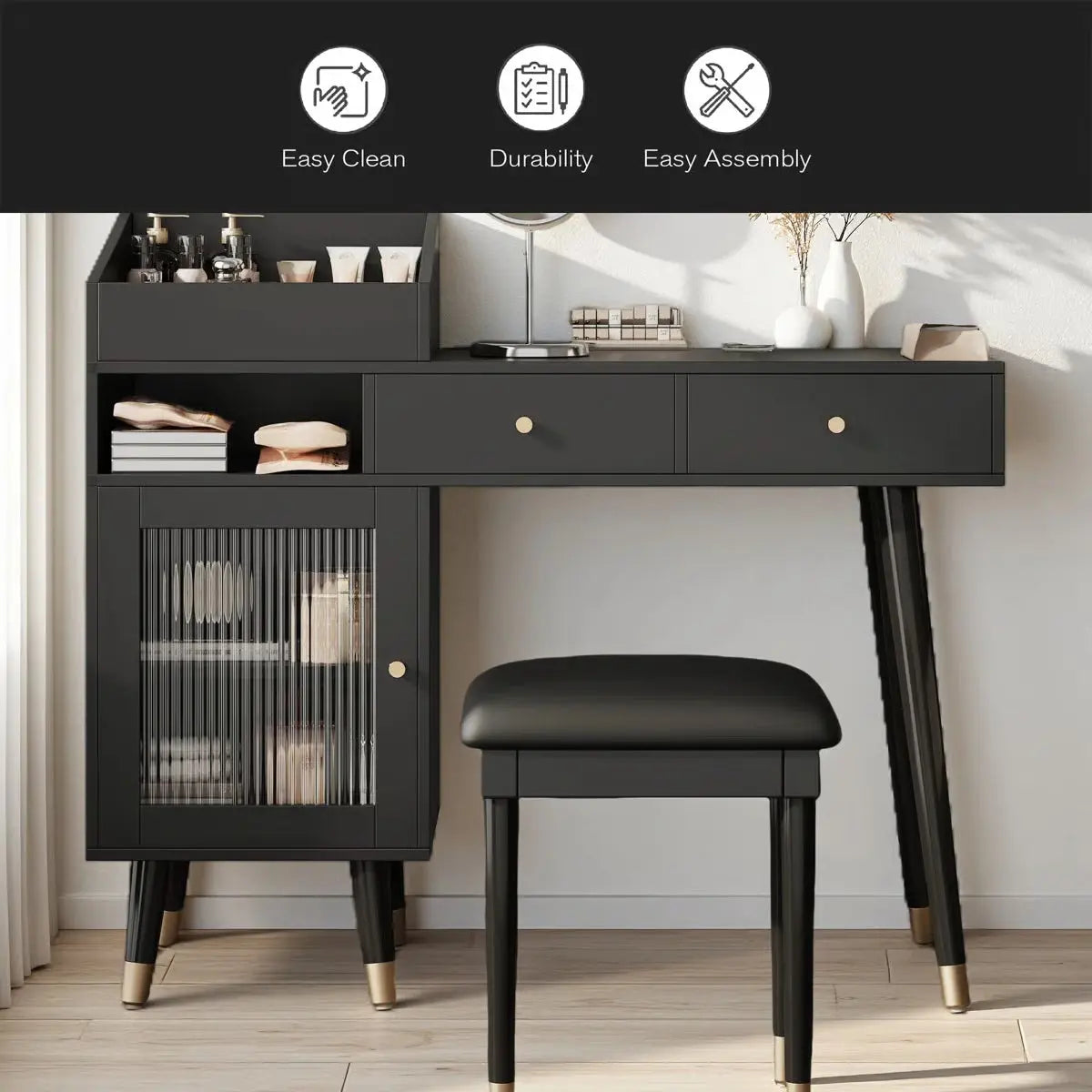 Modern Wooden Makeup Vanity Desk with Drawers – Compact Bedroom Vanity-OUCH CART |Dressing table