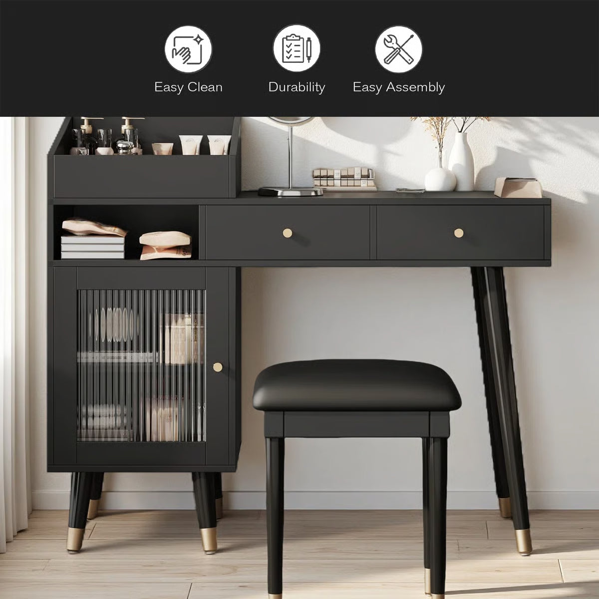 Modern Wooden Makeup Vanity Desk with Drawers – Compact Bedroom Vanity-OUCH CART |Dressing table