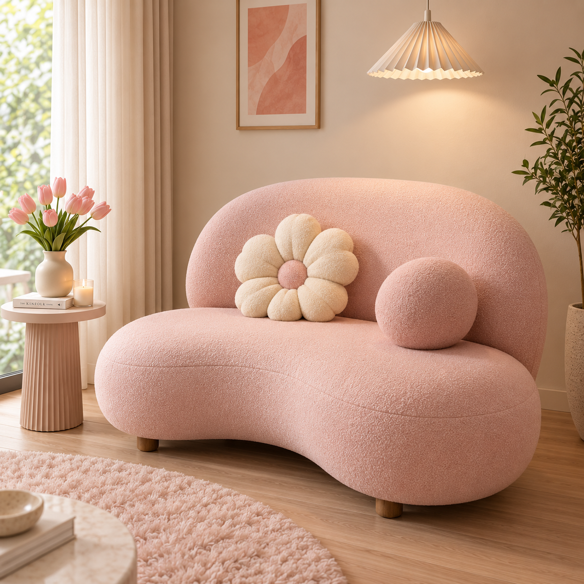 Modern Pink Boucle Sofa for Living Room | Curved Cloud Style 2 Seater Sofa | Plush Upholstered Loveseat Ouch Cart