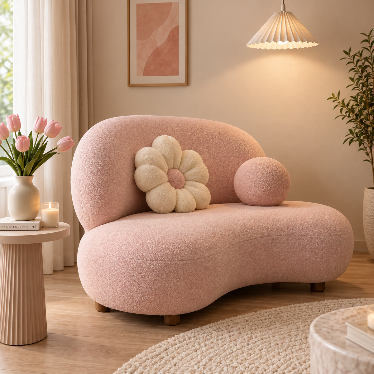 Modern Pink Boucle Sofa for Living Room | Curved Cloud Style 2 Seater Sofa | Plush Upholstered Loveseat