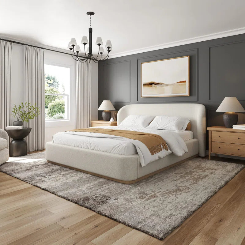 Modern Premium Upholstered Platform Tribeca Bed Frame – Wingback Headboard, Performance Fabric, Rounded Corners