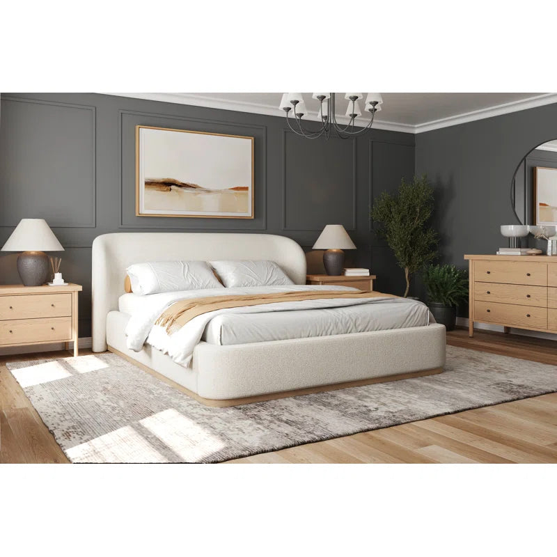Modern Premium Upholstered Platform Tribeca Bed Frame – Wingback Headboard, Performance Fabric, Rounded Corners