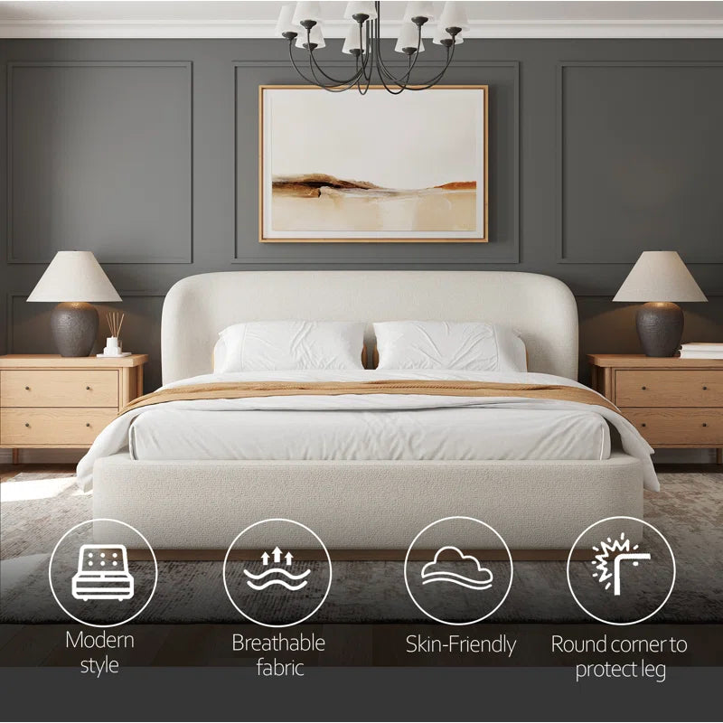 Modern Premium Upholstered Platform Tribeca Bed Frame – Wingback Headboard, Performance Fabric, Rounded Corners OUCH CART