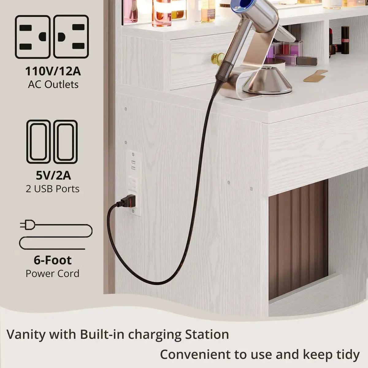 Wide 39.3" Modern Vanity Desk with LED Mirror, 8 Drawers, Adjustable Lights, and Built-In Charging Station