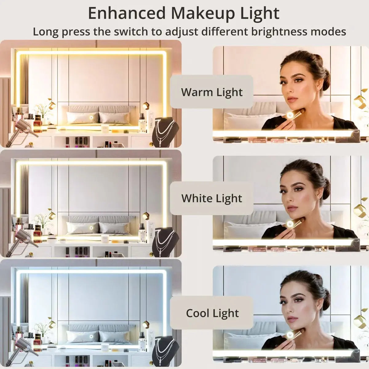 Wide 39.3" Modern Vanity Desk with LED Mirror, 8 Drawers, Adjustable Lights, and Built-In Charging Station