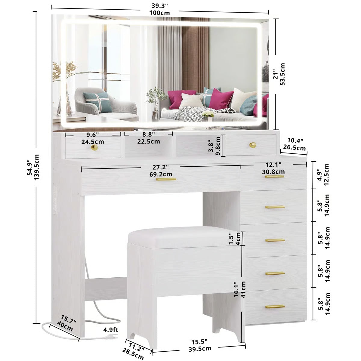 Wide 39.3" Modern Vanity Desk with LED Mirror, 8 Drawers, Adjustable Lights, and Built-In Charging Station
