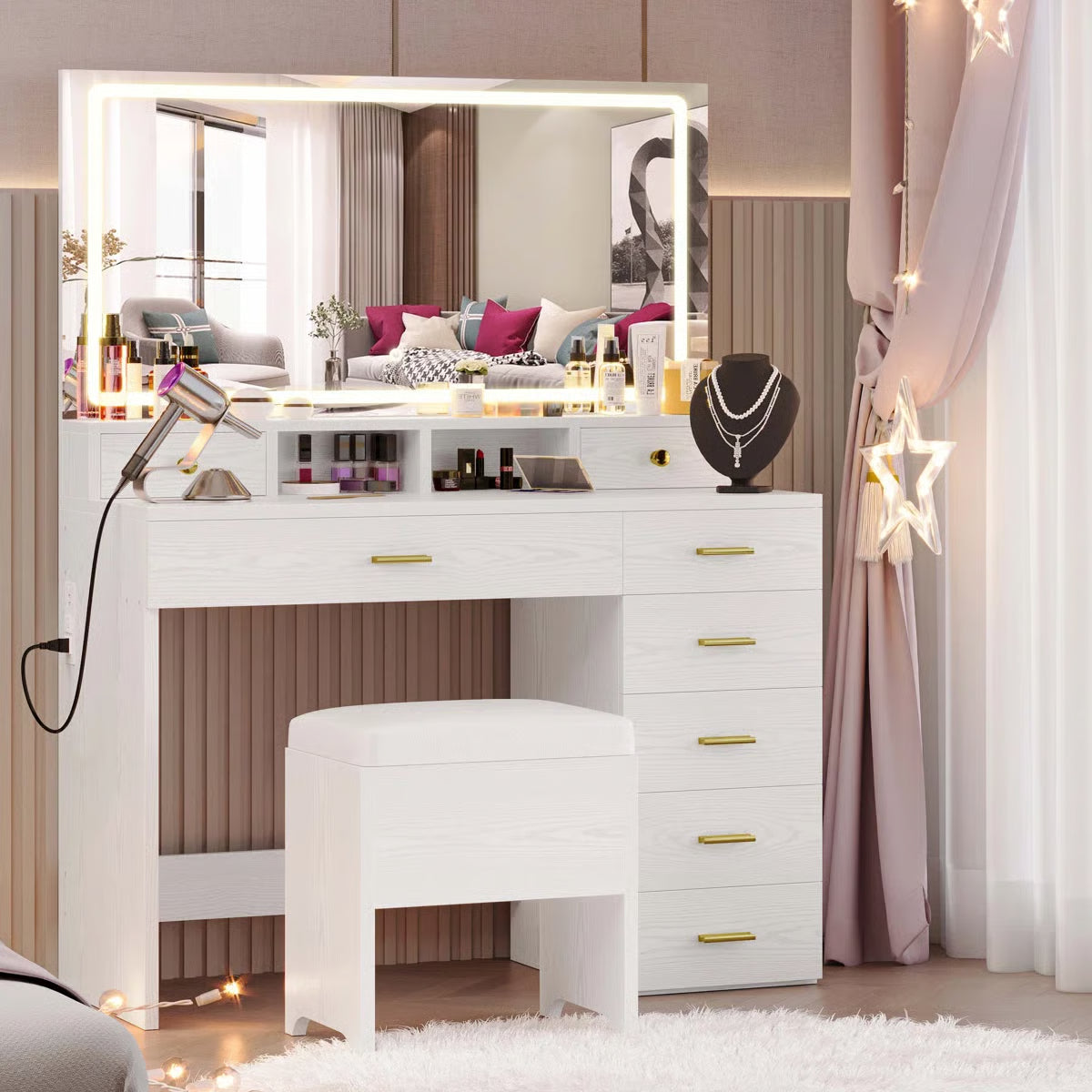 Wide 39.3" Modern Vanity Desk with LED Mirror, 8 Drawers, Adjustable Lights, and Built-In Charging Station