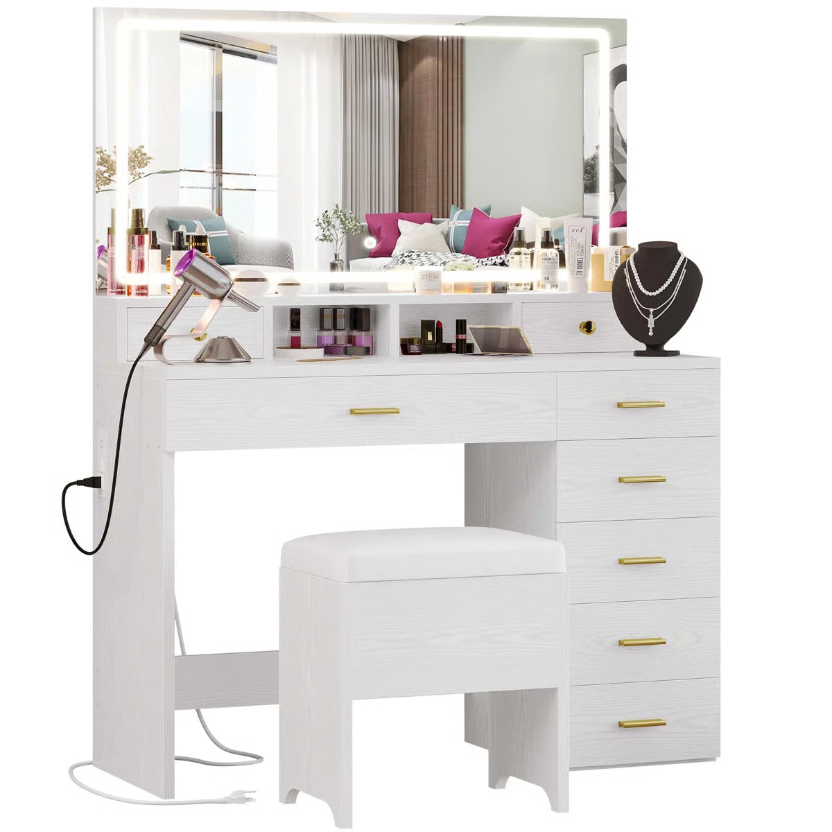 Wide 39.3" Modern Vanity Desk with LED Mirror, 8 Drawers, Adjustable Lights, and Built-In Charging Station