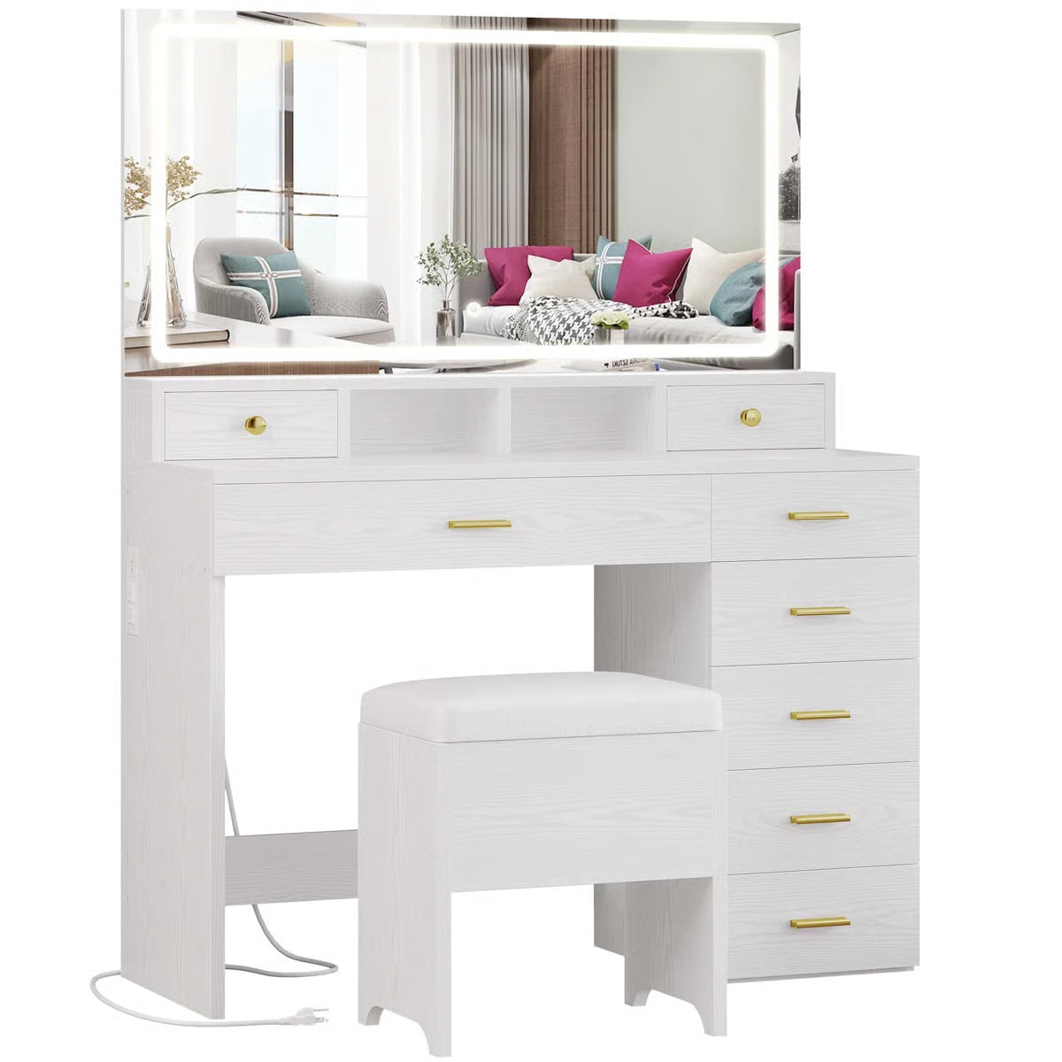 Wide 39.3" Modern Vanity Desk with LED Mirror, 8 Drawers, Adjustable Lights, and Built-In Charging Station- OUCH CART | Dressing table