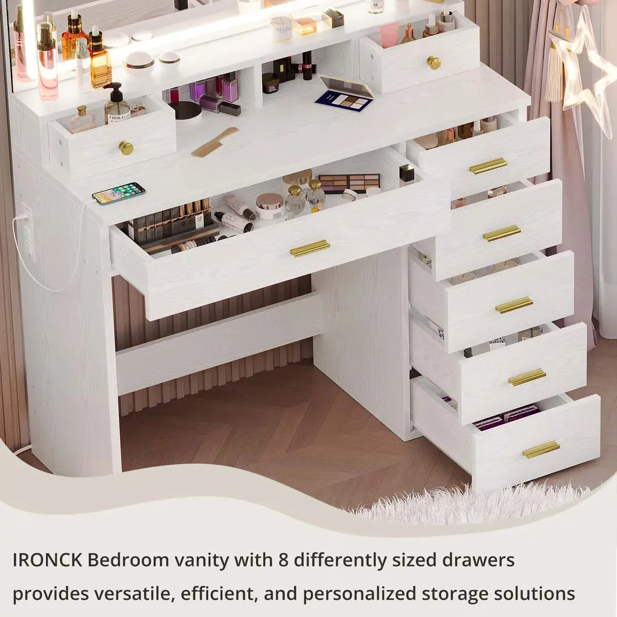 Wide 39.3" Modern Vanity Desk with LED Mirror, 8 Drawers, Adjustable Lights, and Built-In Charging Station- OUCH CART | Dressing table