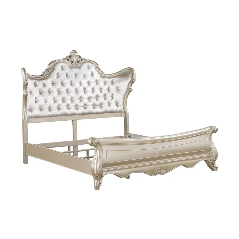 Monique Solid Wood Standard Bed with Upholstered Headboard in Champagne- OUCHCART | Bed