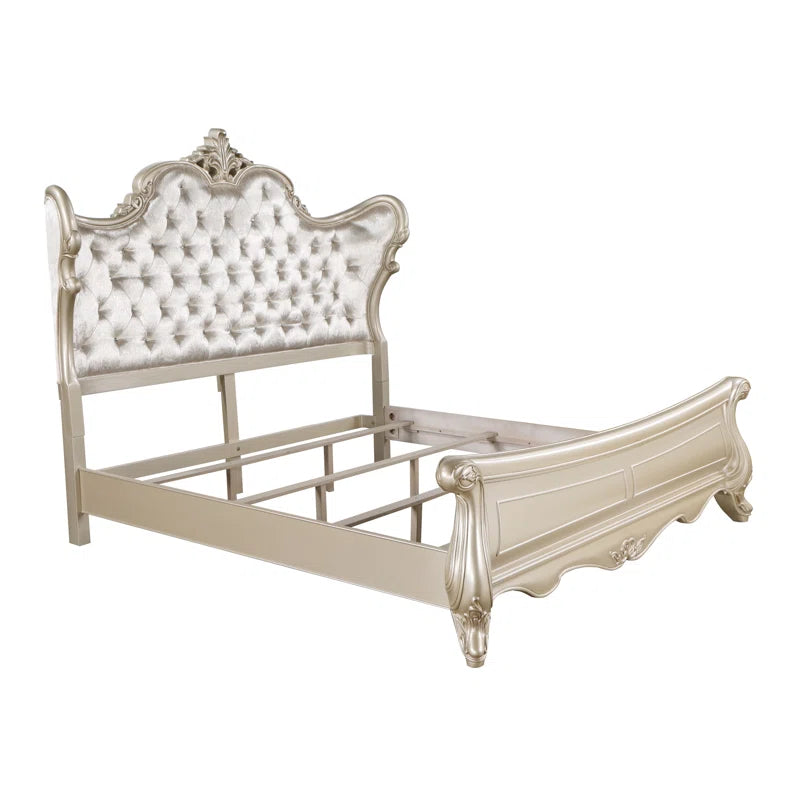Monique Solid Wood Standard Bed with Upholstered Headboard in Champagne