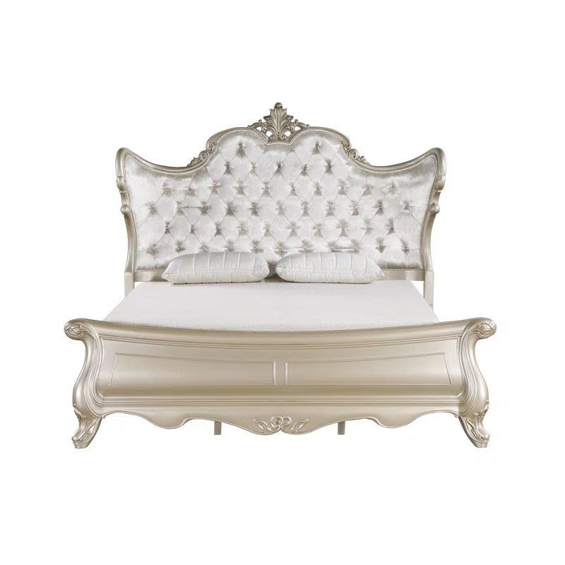 Monique Solid Wood Standard Bed with Upholstered Headboard in Champagne