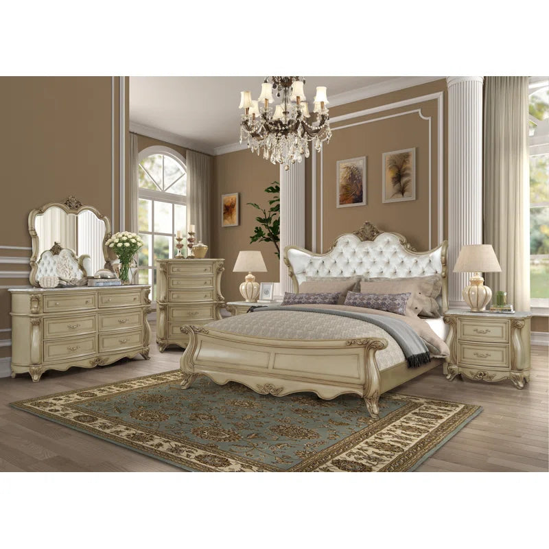 Monique Solid Wood Standard Bed with Upholstered Headboard in Champagne- OUCHCART | Bed