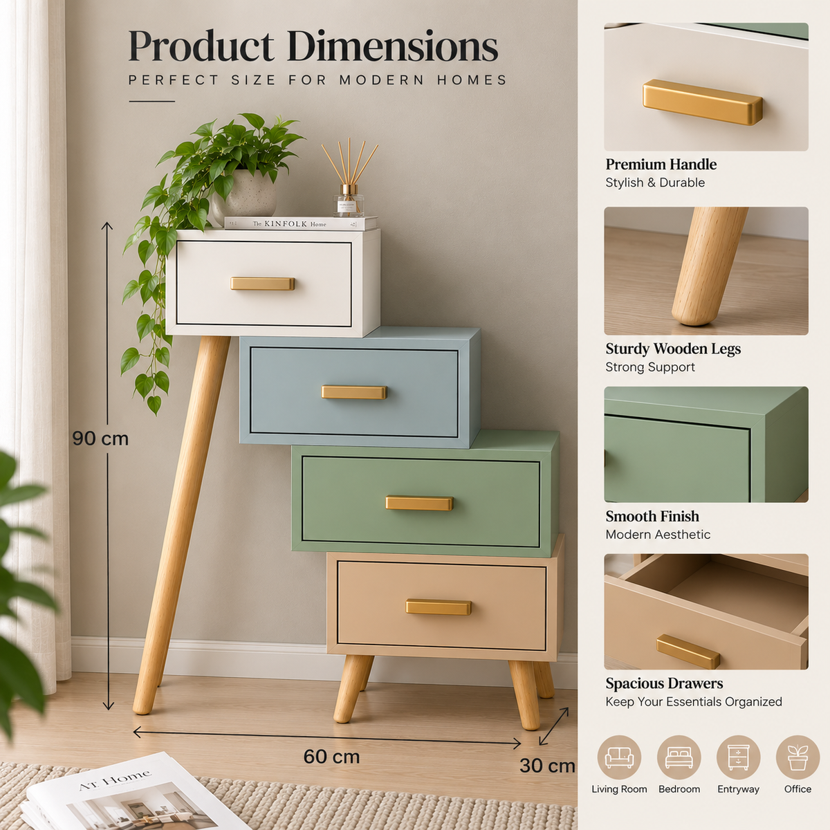Multicolor Scandinavian Chest of Drawers with Brass Handles & Wooden Legs Bedroom & Living Room Furniture