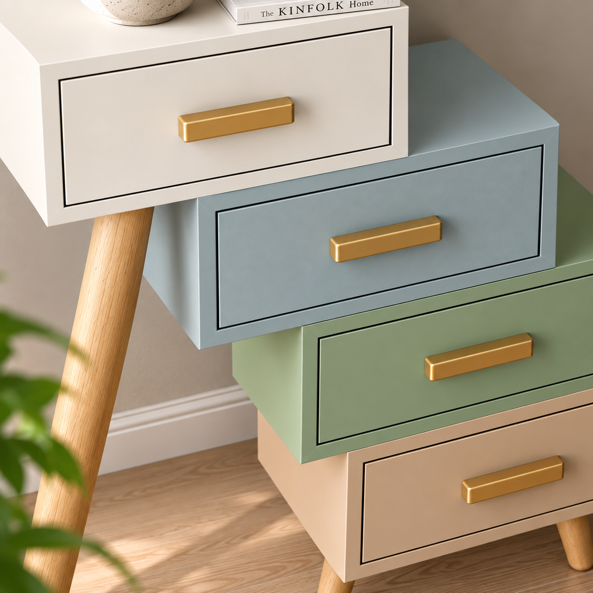 Multicolor Scandinavian Chest of Drawers with Brass Handles & Wooden Legs Bedroom & Living Room Furniture