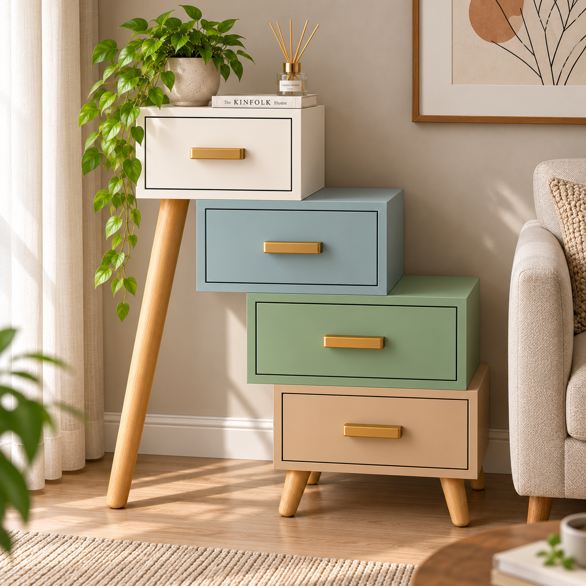 Multicolor Scandinavian Chest of Drawers with Brass Handles & Wooden Legs Bedroom & Living Room Furniture