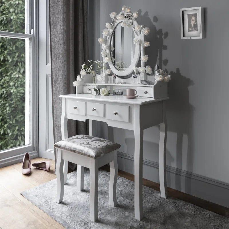 LUARANE Vanity Dressing Table Set | Home Furniture Dressing Table with Mirror | 3 large Drawer and 2 small drawer Chest and Cushioned Stool | Multifunctional Application for Bedroom | Bathroom - Ouch Cart