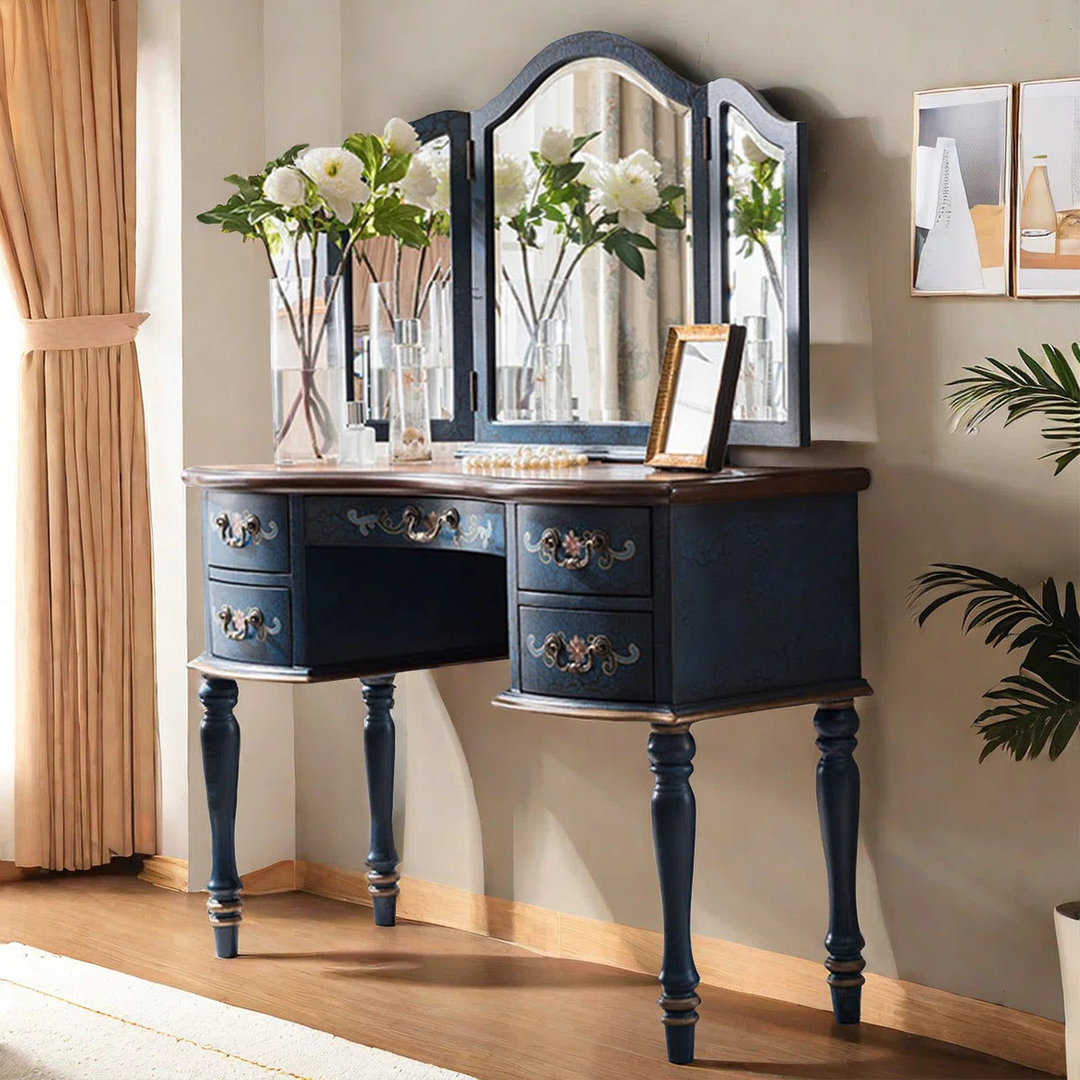 Solid Rubberwood Vanity Table with Tri-Fold Adjustable Mirror & Storage – Blue Finish OUCH CART