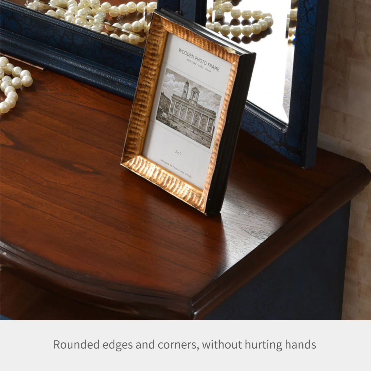 Solid Rubberwood Vanity Table with Tri-Fold Adjustable Mirror & Storage – Blue Finish OUCH CART