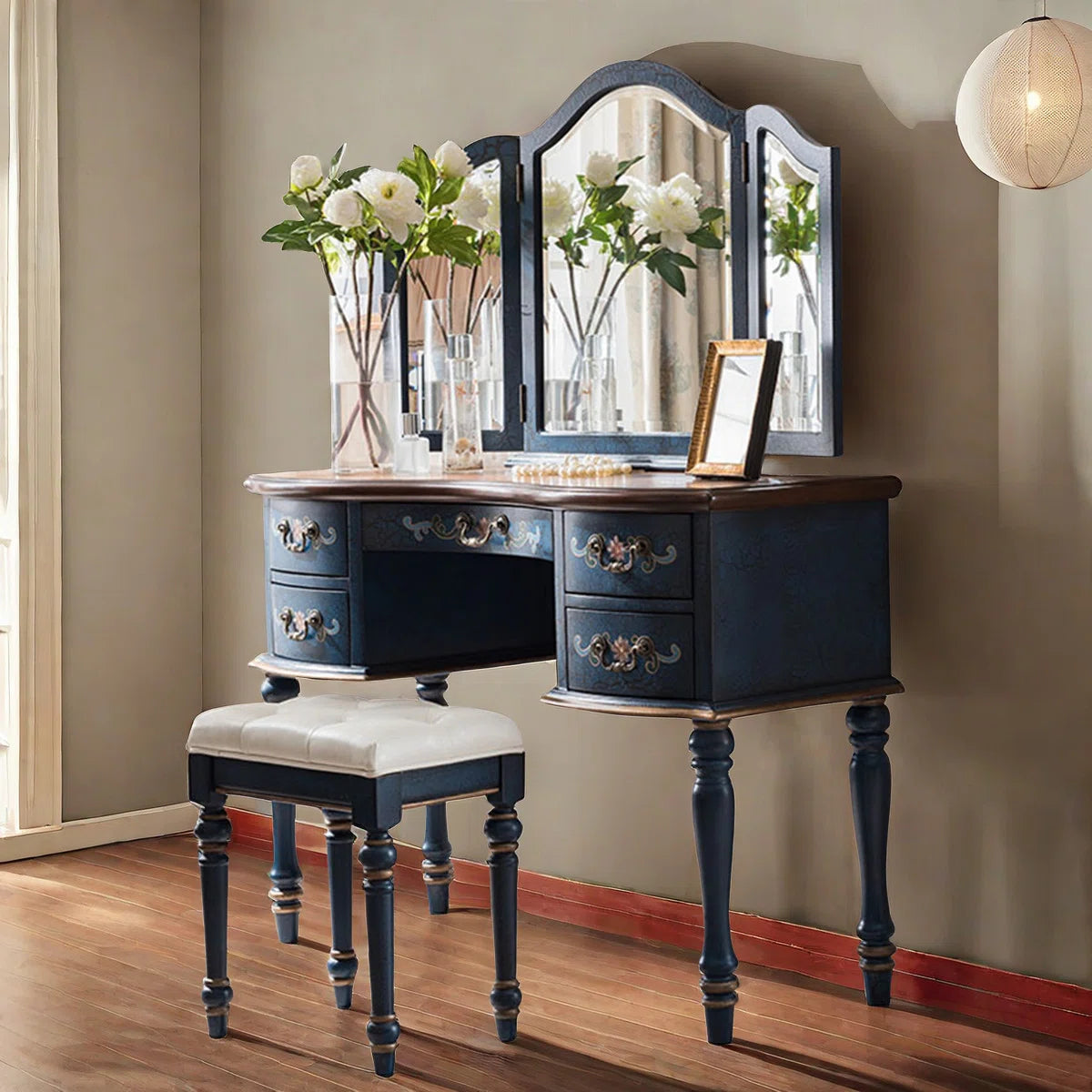 Solid Rubberwood Vanity Table with Tri-Fold Adjustable Mirror & Storage – Blue Finish OUCH CART