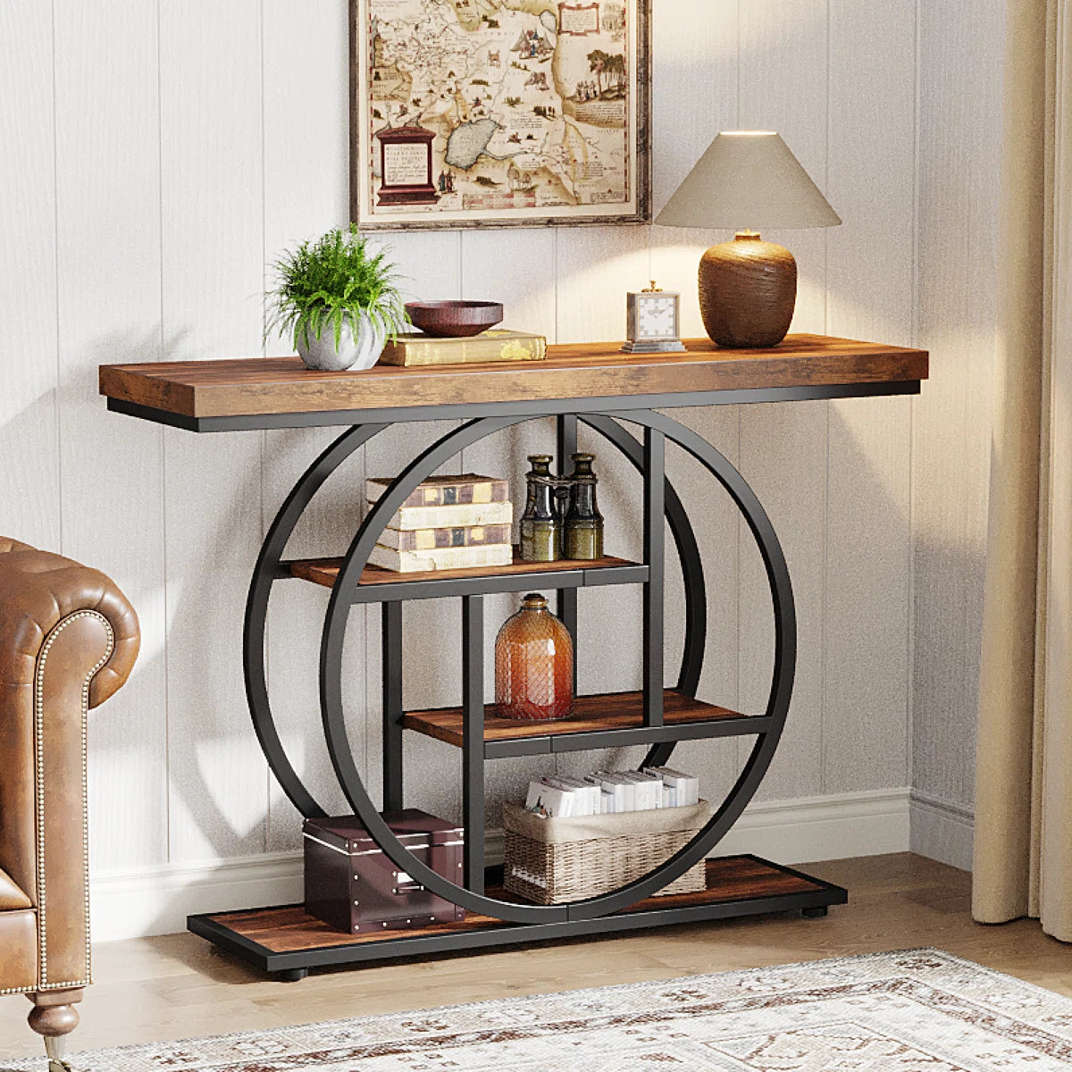 Console Table with Circle Base – 4-Tier Industrial Style