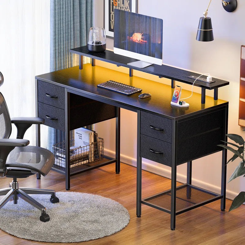 LED Lights, Computer Desk with Storage, Corner Desk with Drawers, Home Office Desk with Shelves, Writing Desk with 4 File Drawers, Gaming Desk with Power Outlets, Study Desk Ouch Cart