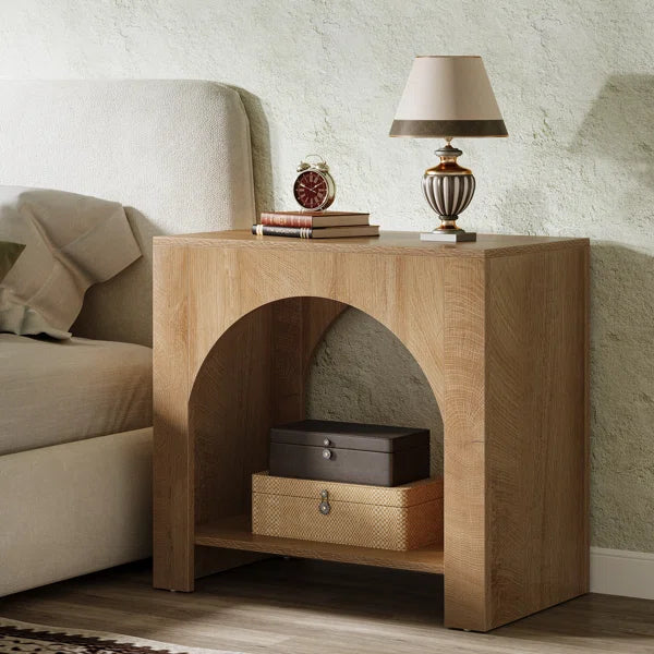 Farmhouse Arched Nightstand with Open Shelf – Rustic Wooden Bedside Table for Small Spaces