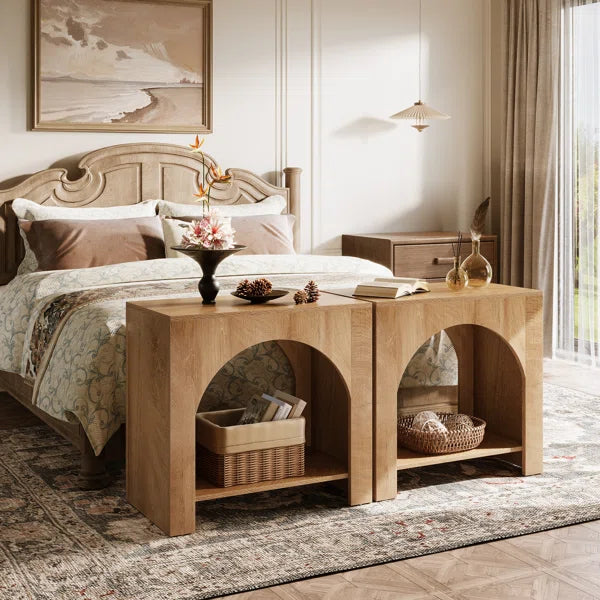 Farmhouse Arched Nightstand with Open Shelf – Rustic Wooden Bedside Table for Small Spaces OUCH CART