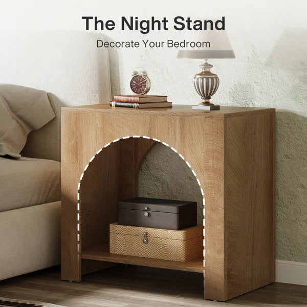 Farmhouse Arched Nightstand with Open Shelf – Rustic Wooden Bedside Table for Small Spaces OUCH CART