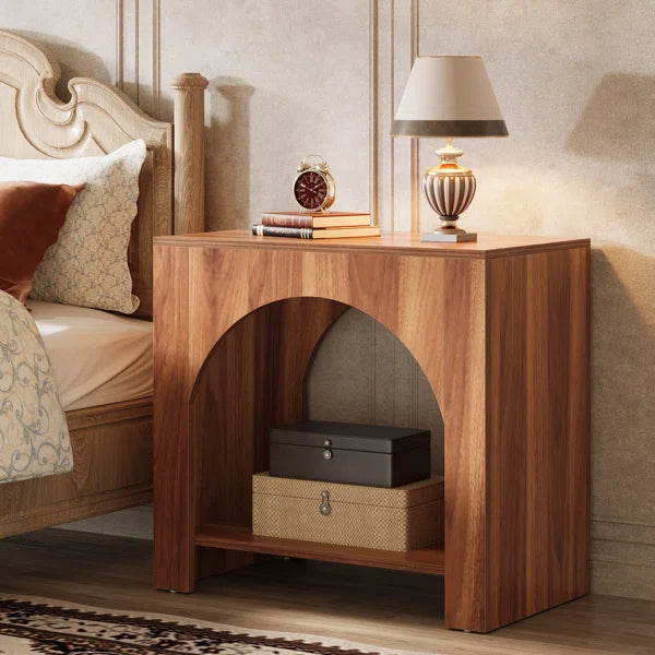 Farmhouse Arched Nightstand with Open Shelf – Rustic Wooden Bedside Table for Small Spaces OUCH CART
