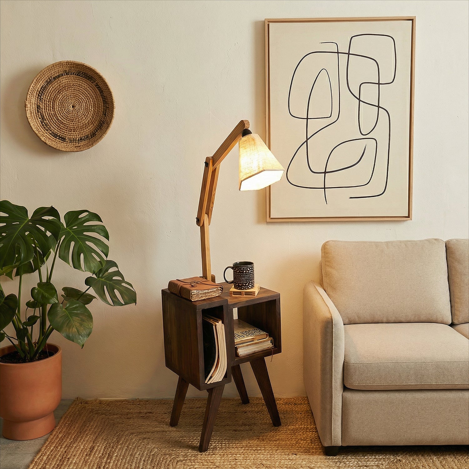 Noel Wooden Floor Lamp with Brown Base and Jute Fabric Lampshade (BULB NOT INCLUDED)