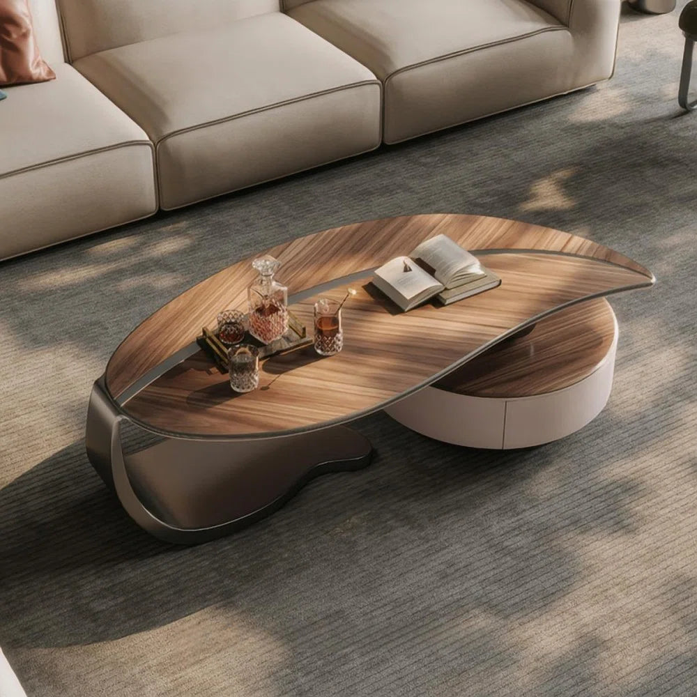 Modern Walnut Veneer Coffee Table with Storage Drawer & Stainless Steel Legs โ Contemporary Living Room Center Table