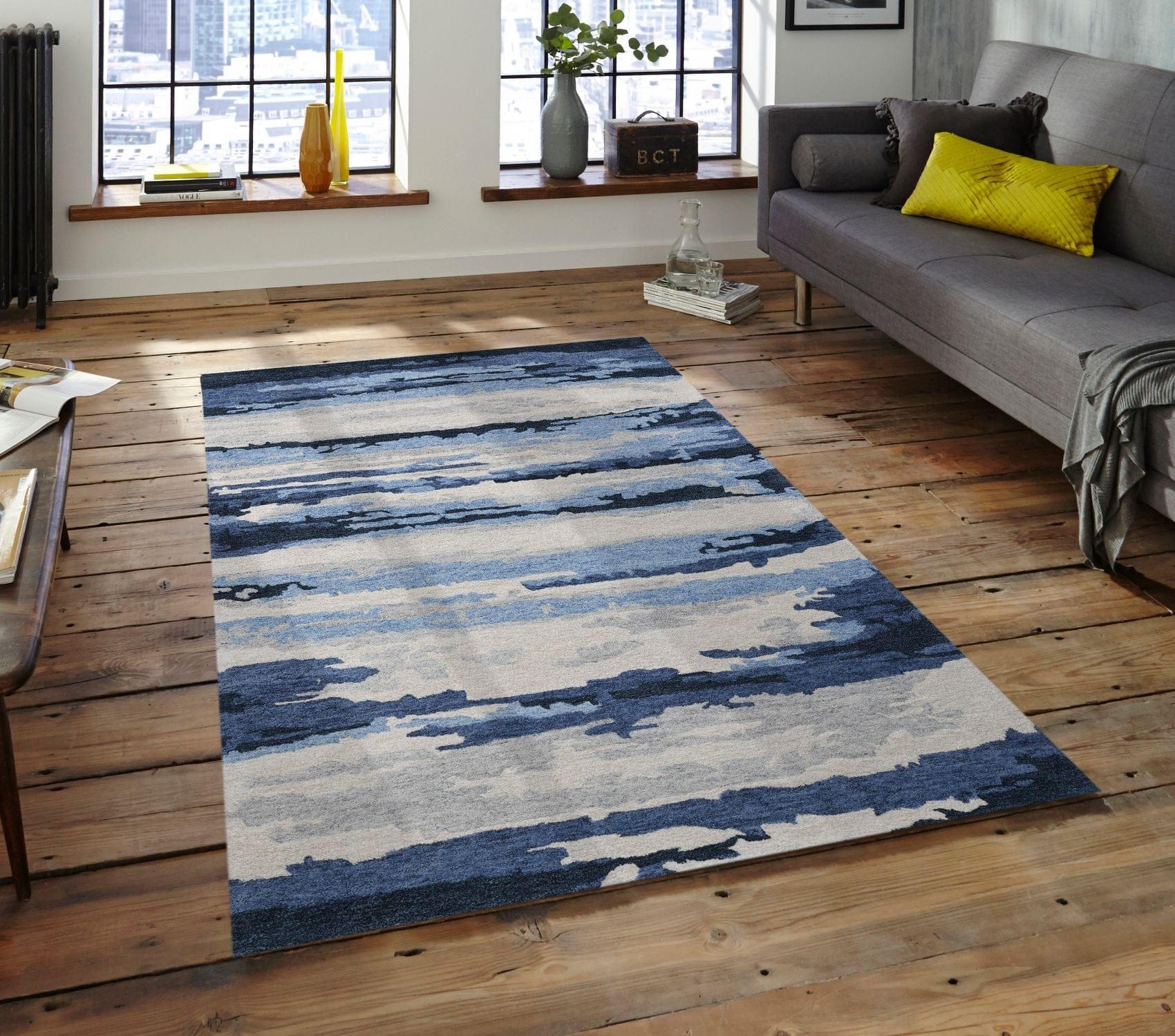 Navy Wool & Viscose Abstract 4x6 Feet Hand-Tufted Carpet - Rug - Ouch Cart