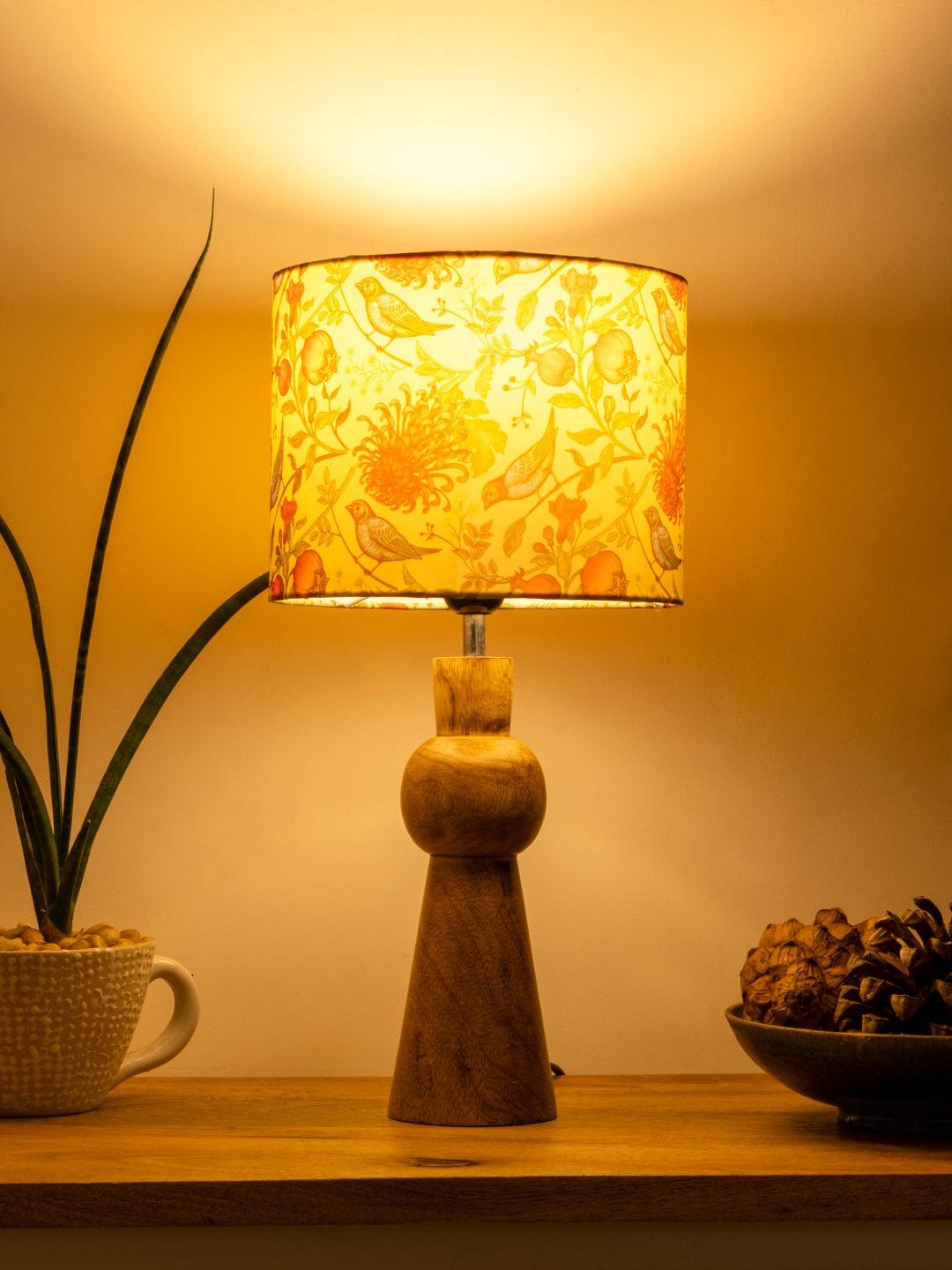 Wooden Skirt Lamp with Multicolor Birdy Shade