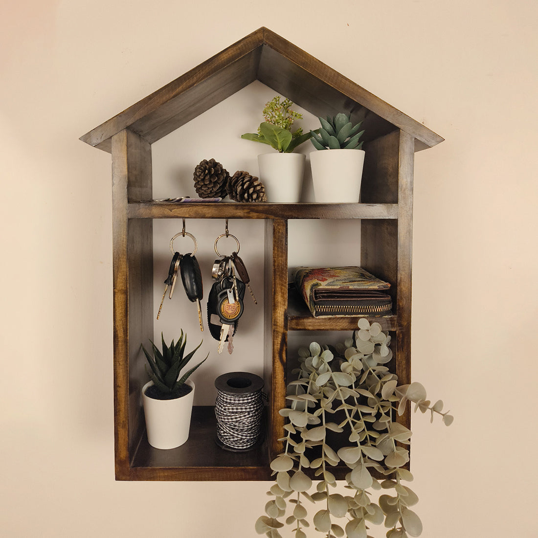 OCTAVIUS Wooden Wall Shelf Organiser with Key Holders
