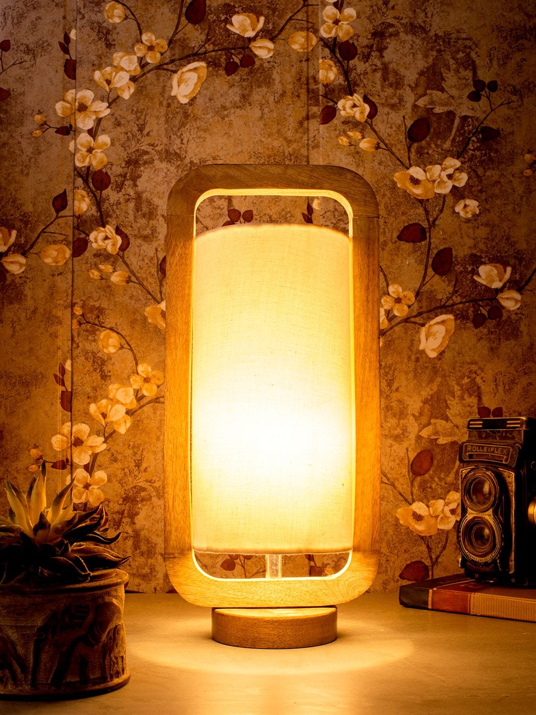 Wooden Lantern Lamp with White Cotton Shade