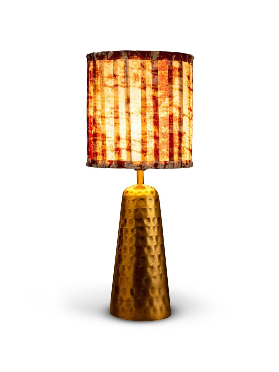 Golden Hammered V-Shaped Lamp with Pleeted Muticolor Maroon Shade - Ouch Cart